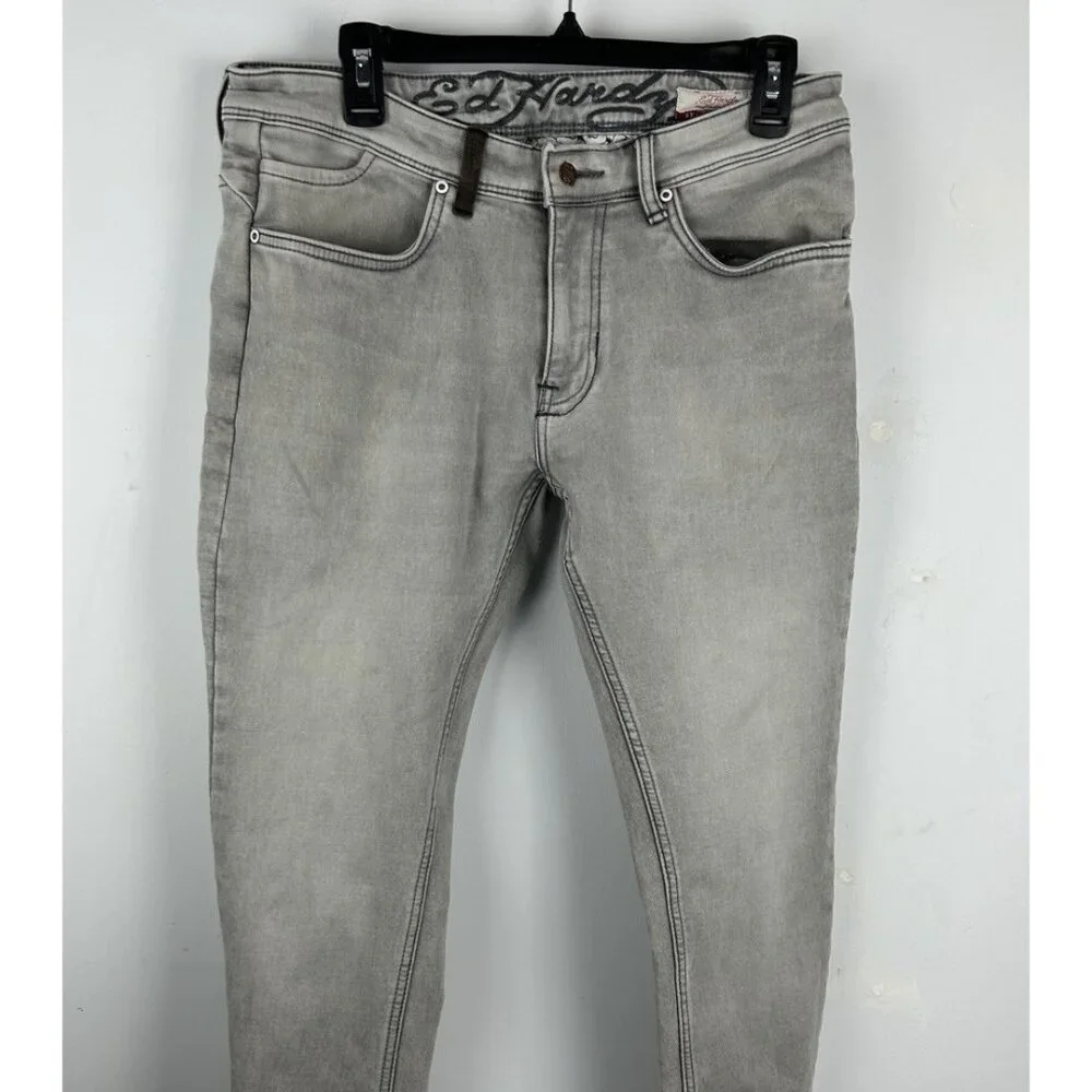 ED HARDY SKULLER Gray Wash Denim Straight Super Slim Jeans 34 Zip Fly